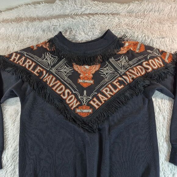 Vintage Harley Davidson Fringe Sweatshirt Black & Orange Graphic Biker Crewneck - Picture 9 of 11